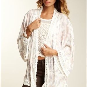 Free People Floral Lace Trim Open Front  Kimono Pastel Shawl Top Boho